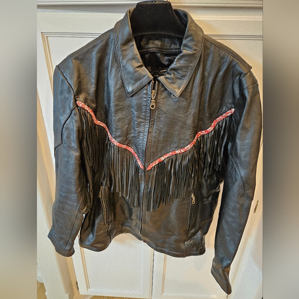 Raiders Fringe Vintage Leather Motorcycle Jacket, With Leather Matching Chaps